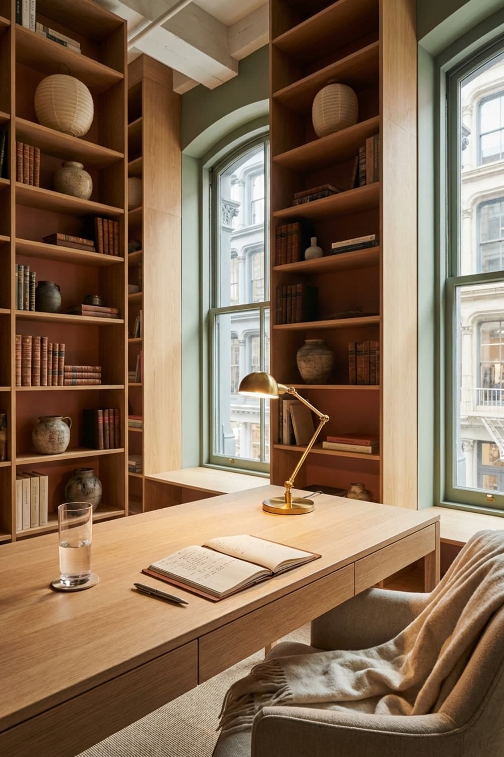 Between Words and Light - home office, desk, bookshelves, natural light, wood tones - Room Inspiration