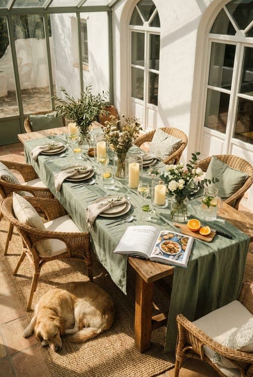 Golden Slumber, Sun-Drenched Table - dining room, sunroom, green