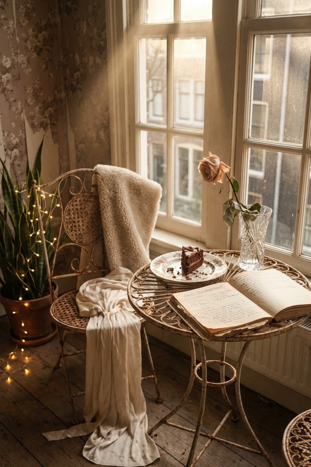 Sunbeams and Chocolate Revelation - Breakfast nook, warm light, wrought iron furniture, floral wallpaper, vintage recipe book - Room Inspiration