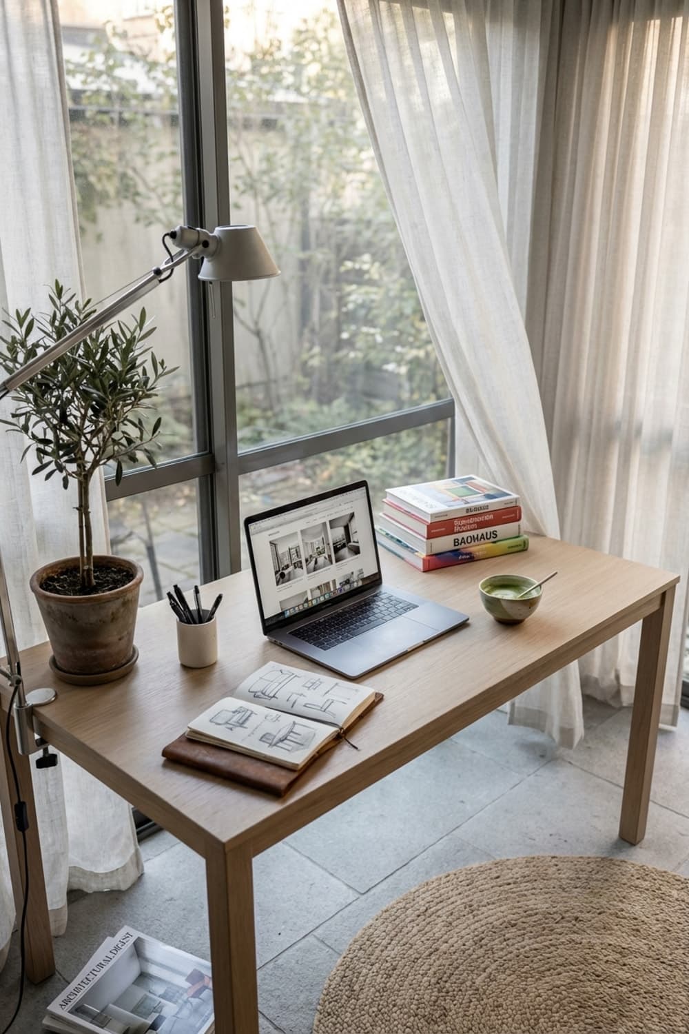 Sketchbooks and Silent Green Tea - home office, desk, wood, notebook, laptop - Room Inspiration