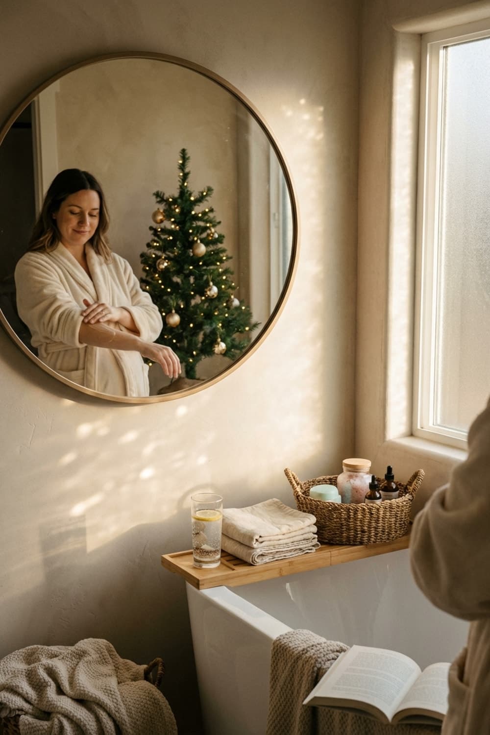 Golden Hour in the Bath - bathroom, gold, white, wooden tray, woven basket - Room Inspiration