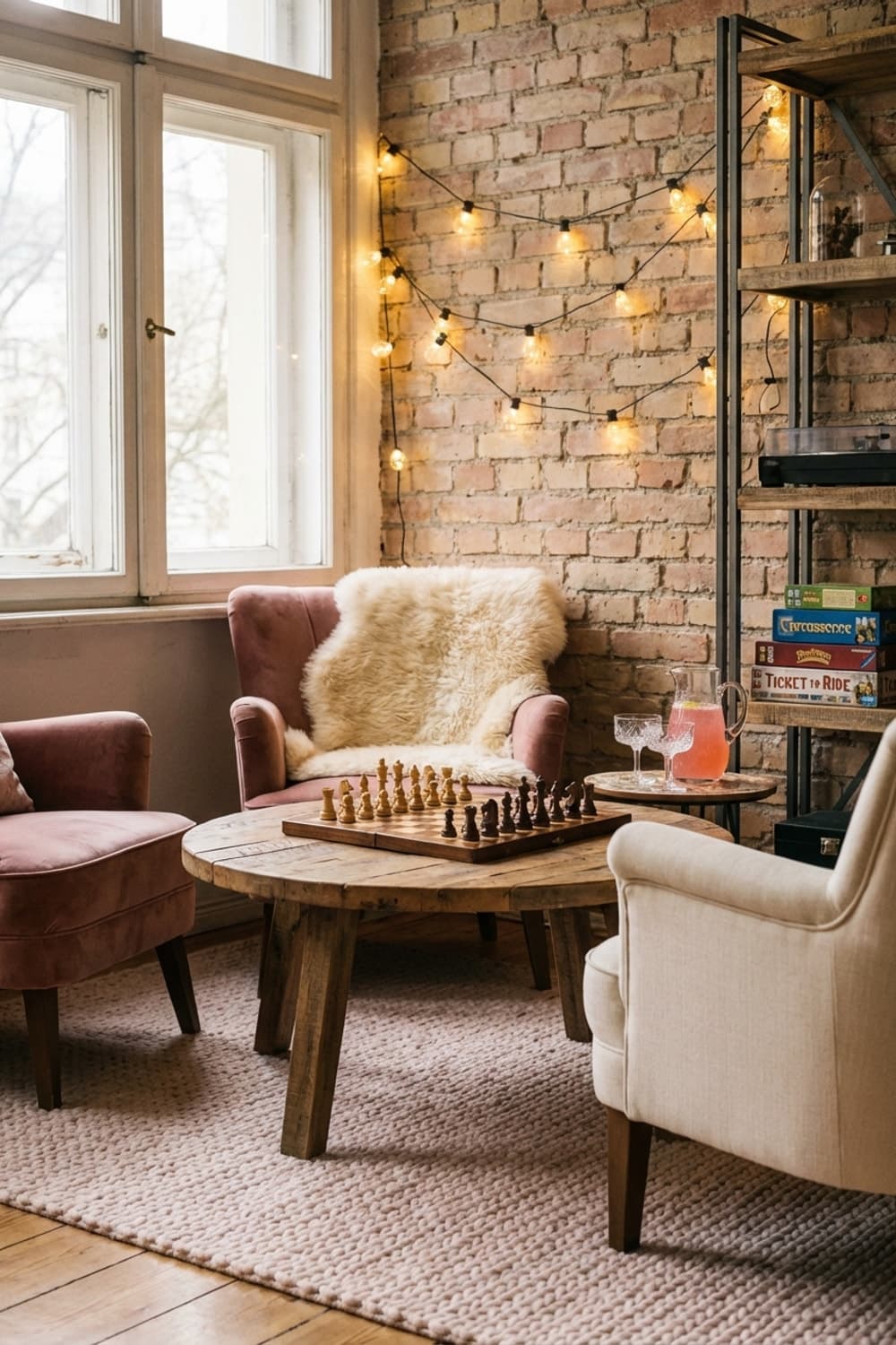 Amber Light, Checkmate in the Air - living room, reading nook, pink, cream, brown - Room Inspiration