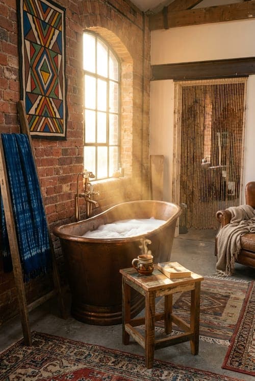 Sun-Soaked Serenity and Lingering Steam - bathroom, copper tub, wooden stool
