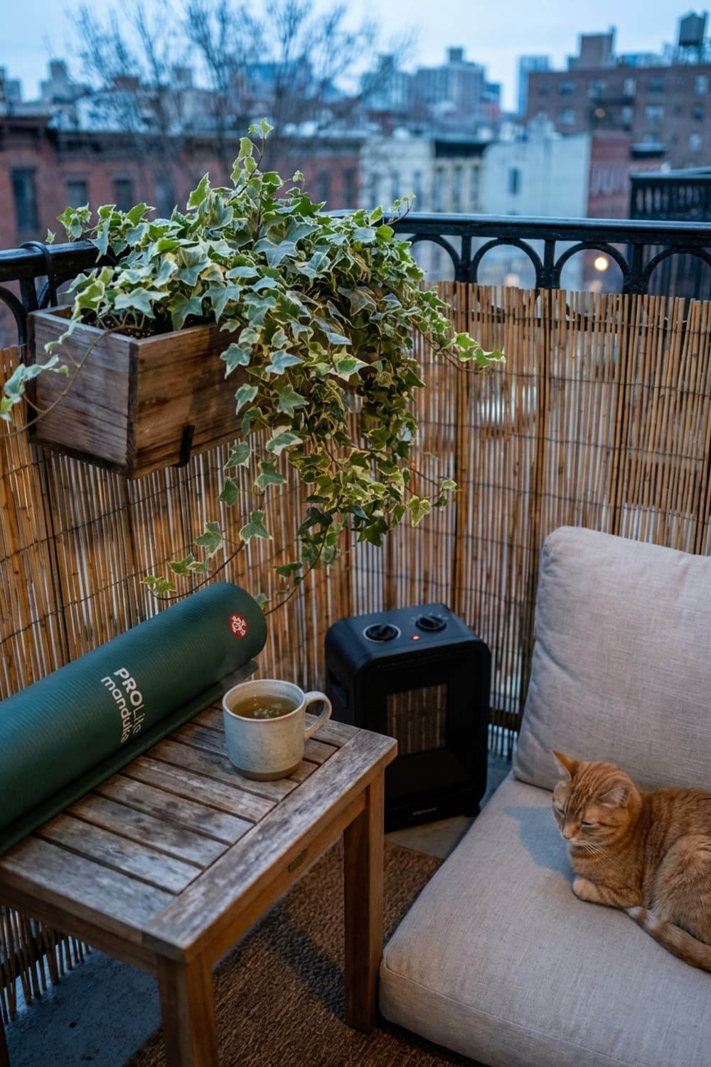 Balcony Sanctuary, Stillness and Steam - balcony, patio, orange cat, yoga mat, wood table - Room Inspiration