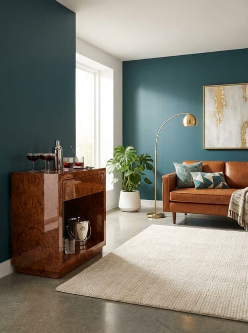 Gleaming Hour Between Tides - living room, teal walls, cognac leather sofa