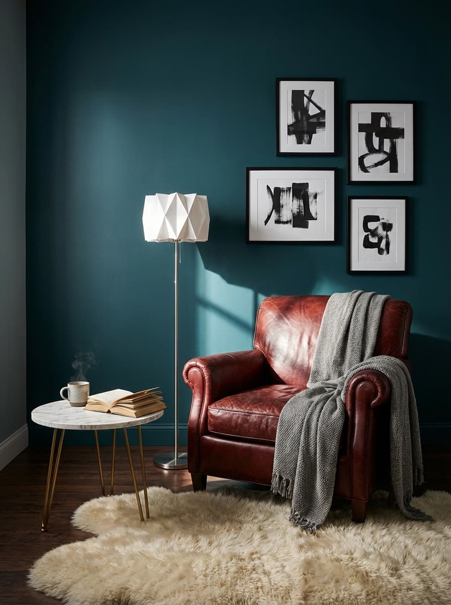 Corner for Cognac and Quiet - reading corner, teal wall, leather armchair, wool rug, modern lamp - Room Inspiration
