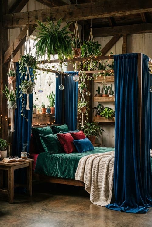 Emerald Reverie Beneath Hanging Gardens - bedroom, green, blue