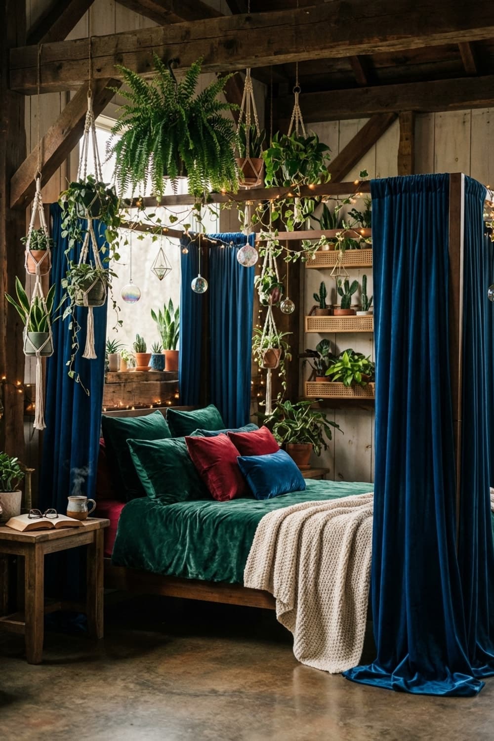 Emerald Reverie Beneath Hanging Gardens - bedroom, green, blue, velvet, hanging plants - Room Inspiration