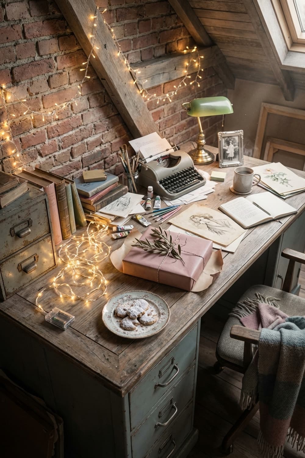 Ink and Fairy Lights Attic Dreams - attic workspace, desk, wooden desk, vintage, fairy lights - Room Inspiration
