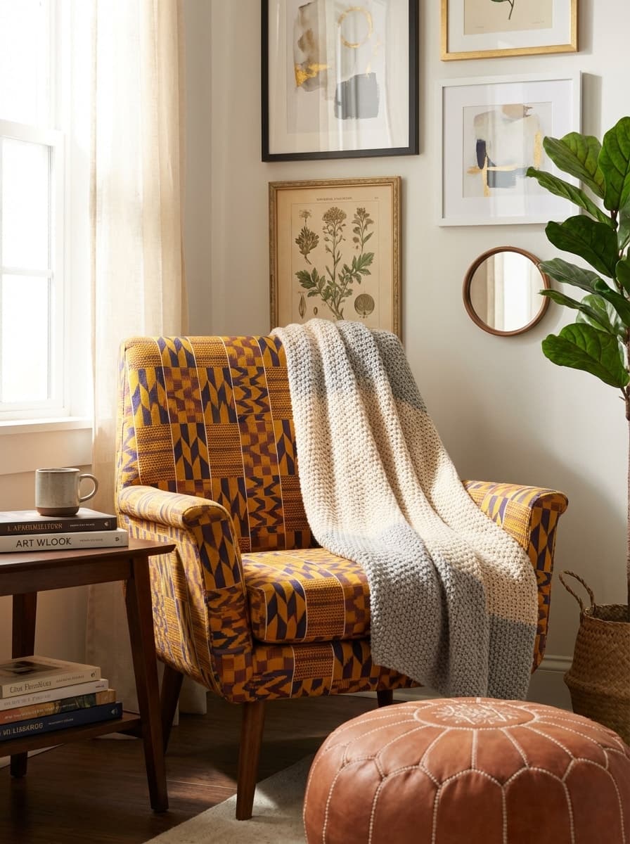 Corner of Pattern, Pool of Quiet - reading corner, living space, patterned chair, woven blanket, brown leather ottoman - Room Inspiration