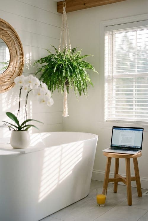 Fern Fronds and Fresh Light - bathroom, white, bathtub