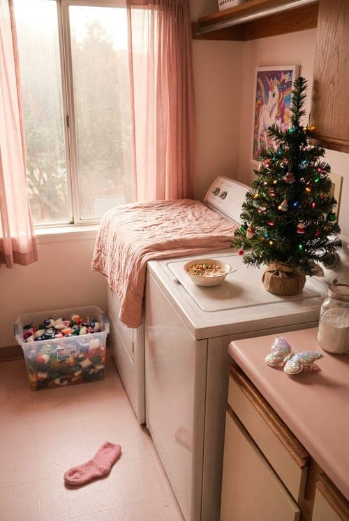 Laundry Room Serenade in Rose - laundry room, pink tile floor, pink curtains