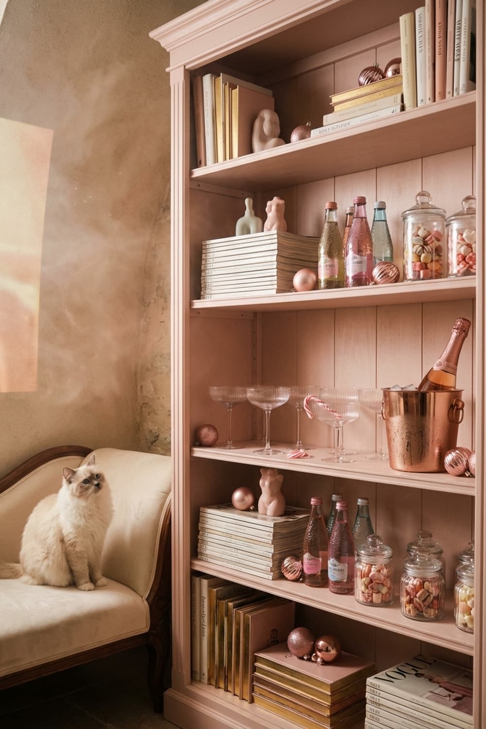Rosewater Still Life, Waiting - bookshelf, pink, champagne, gold accents, cat - Room Inspiration