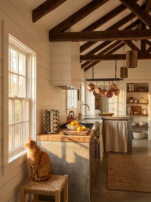 Golden Hour Stillness - kitchen, orange cat, wood beams