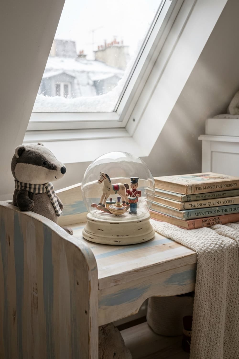 Snowfall Over Storybooks - attic room, daylight, snow, snow globe, rocking horse - Room Inspiration