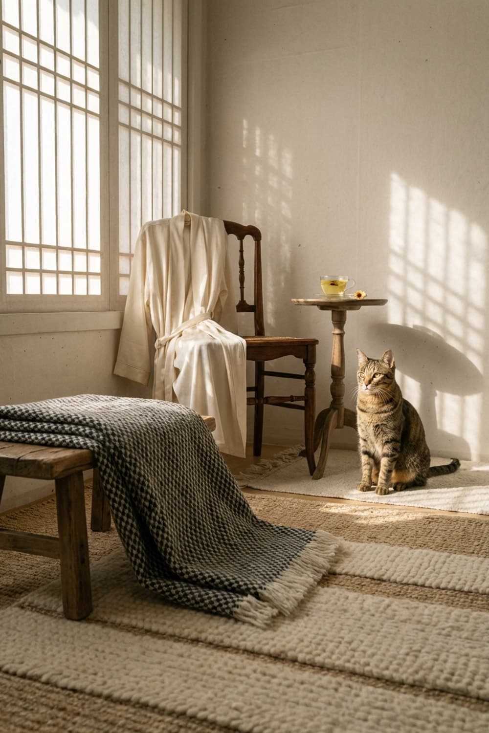 Golden Stripes and Silent Company - Living room, Neutral tones, Brown tabby cat, Wooden chair, Striped rug - Room Inspiration