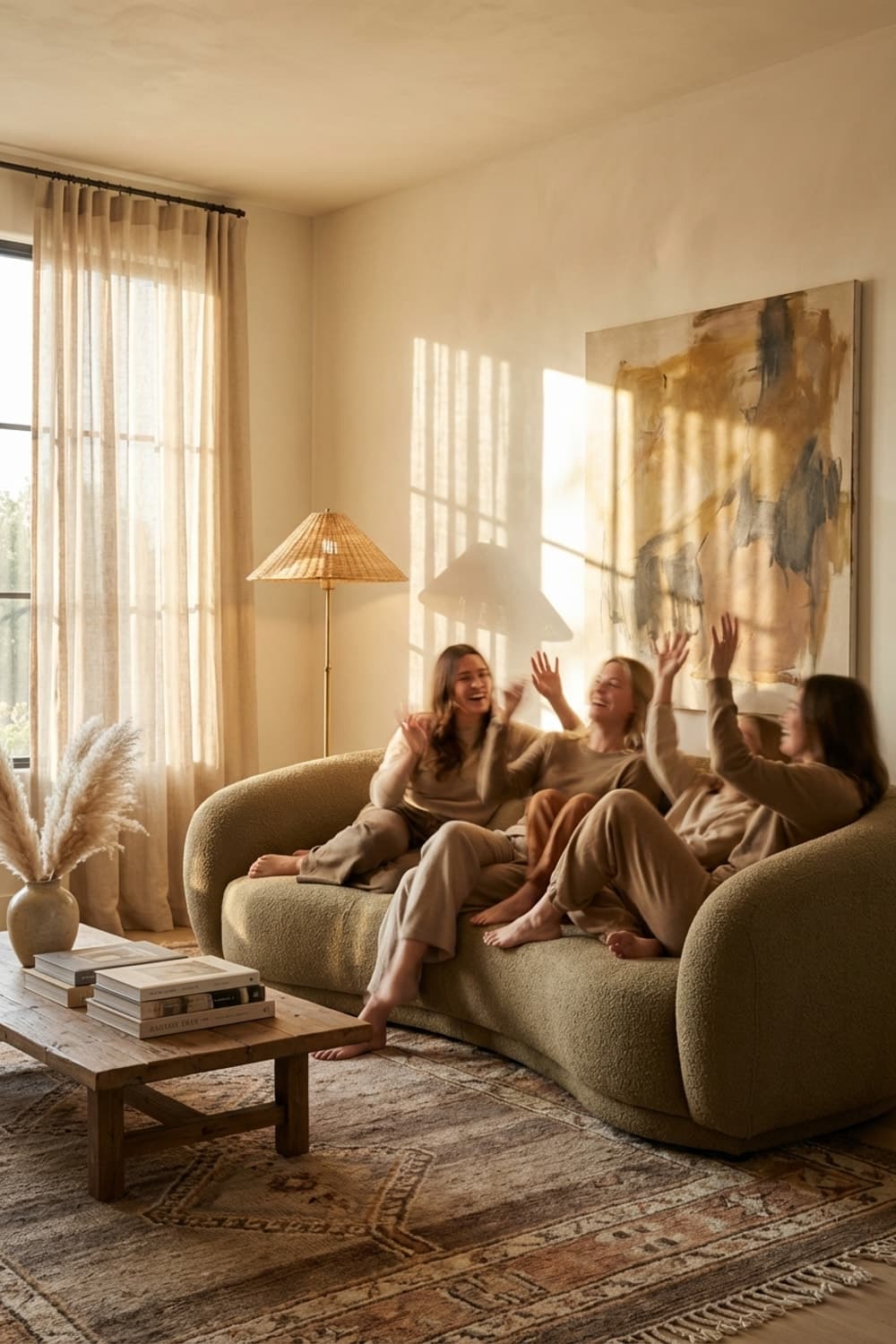 Golden Hour Chorus - living room, beige, brown, tan, boucle sofa - Room Inspiration