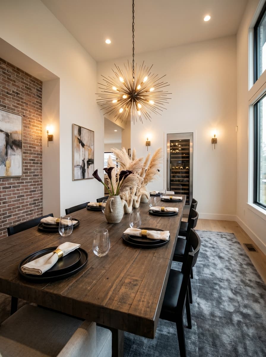 Shadows Lengthen, Stories Gather Round - dining room, rustic wood table, black chairs, gray rug, statement lighting - Room Inspiration