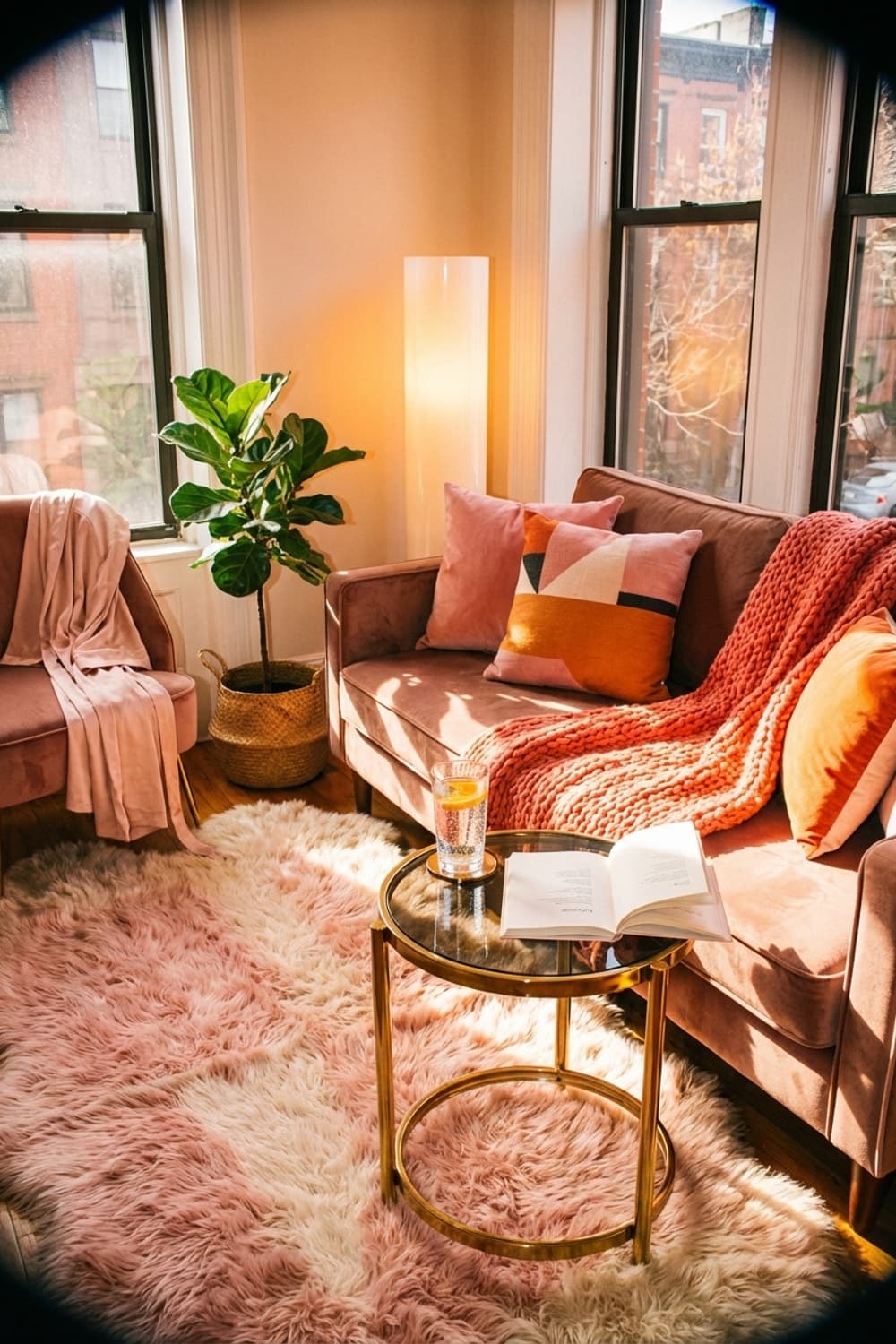 Golden Hour Therapy. - living room, pink, gold, velvet, round coffee table - Room Inspiration