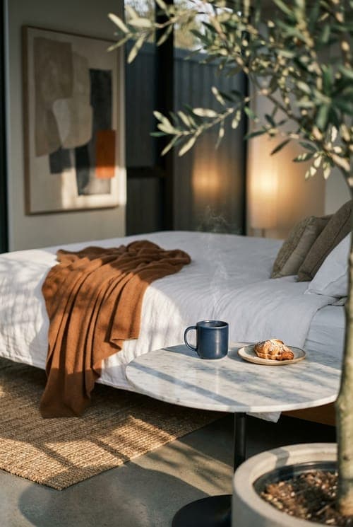 She Left the Croissant Behind - bedroom, white, brown