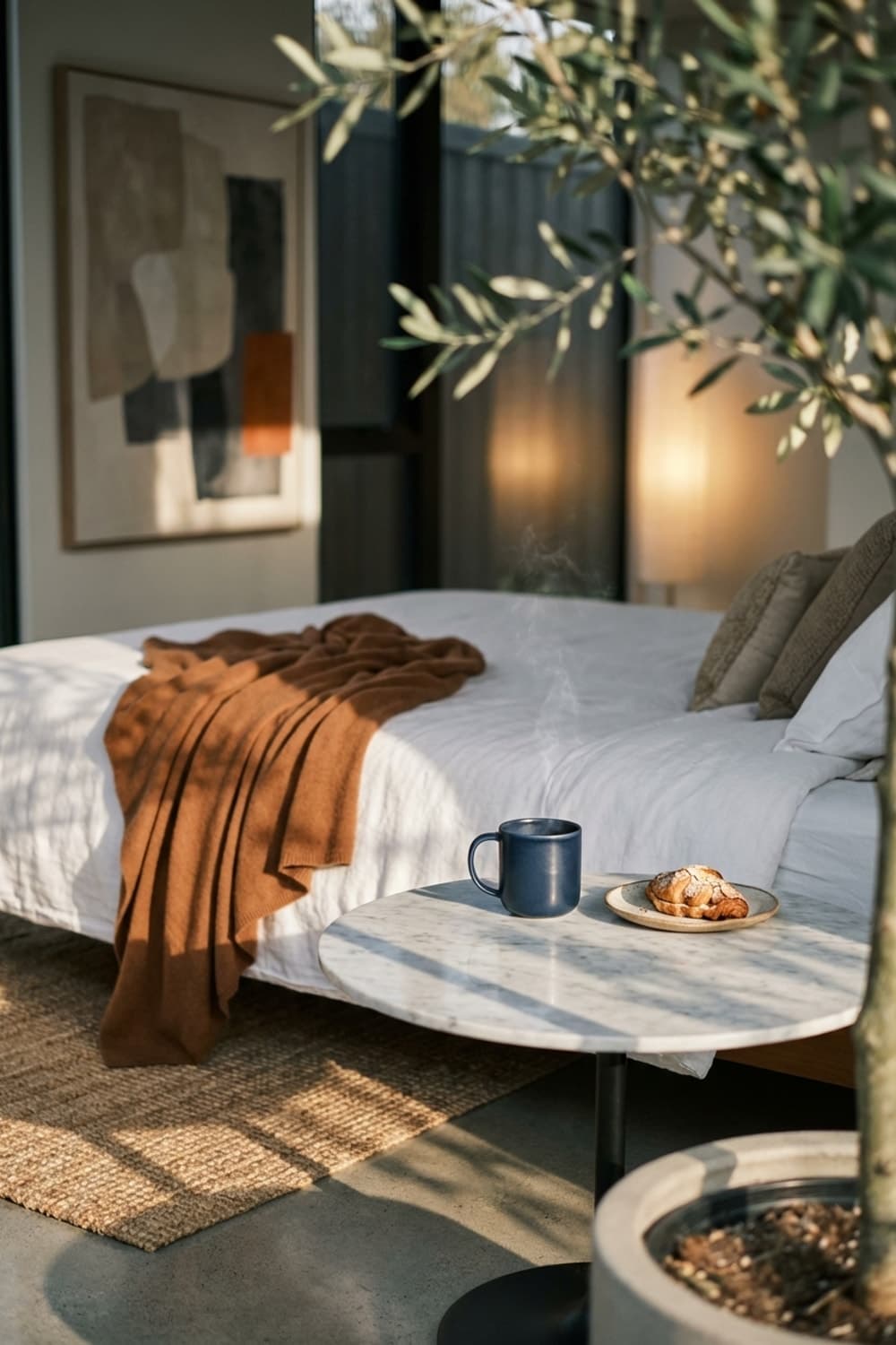 She Left the Croissant Behind - bedroom, white, brown, marble table, throw blanket - Room Inspiration