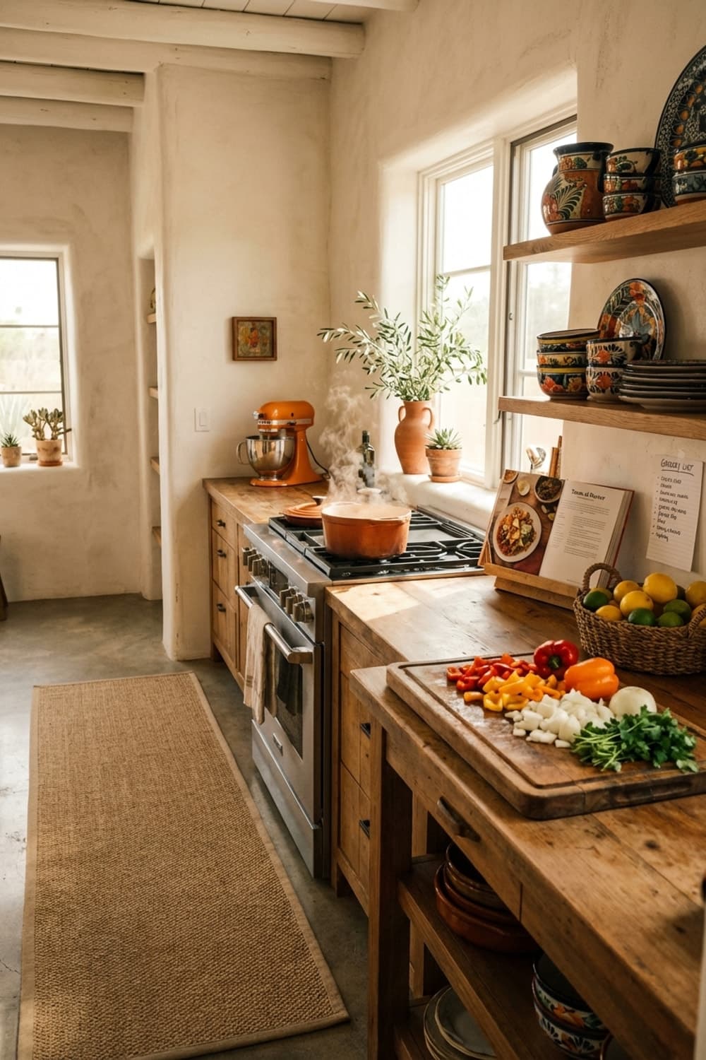 Simmering Stories and Chopped Light - kitchen, wood countertops, terracotta, copper pot, chopped vegetables - Room Inspiration