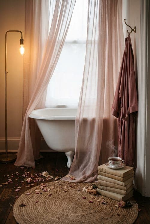 Petals in Porcelain and Steam - bathroom, clawfoot tub, pink