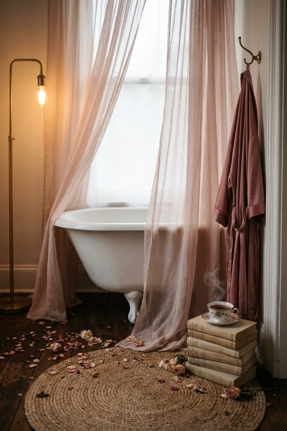 Petals in Porcelain and Steam - bathroom, clawfoot tub, pink, gold accents, woven rug - Room Inspiration