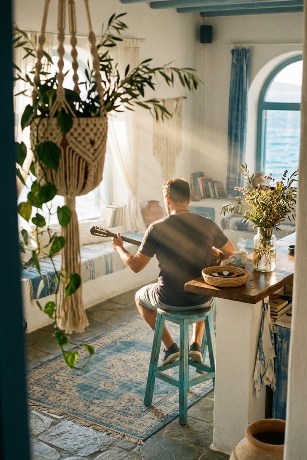 Sunlight and a Slow Chord - living space, blue, white, guitar, macrame - Room Inspiration