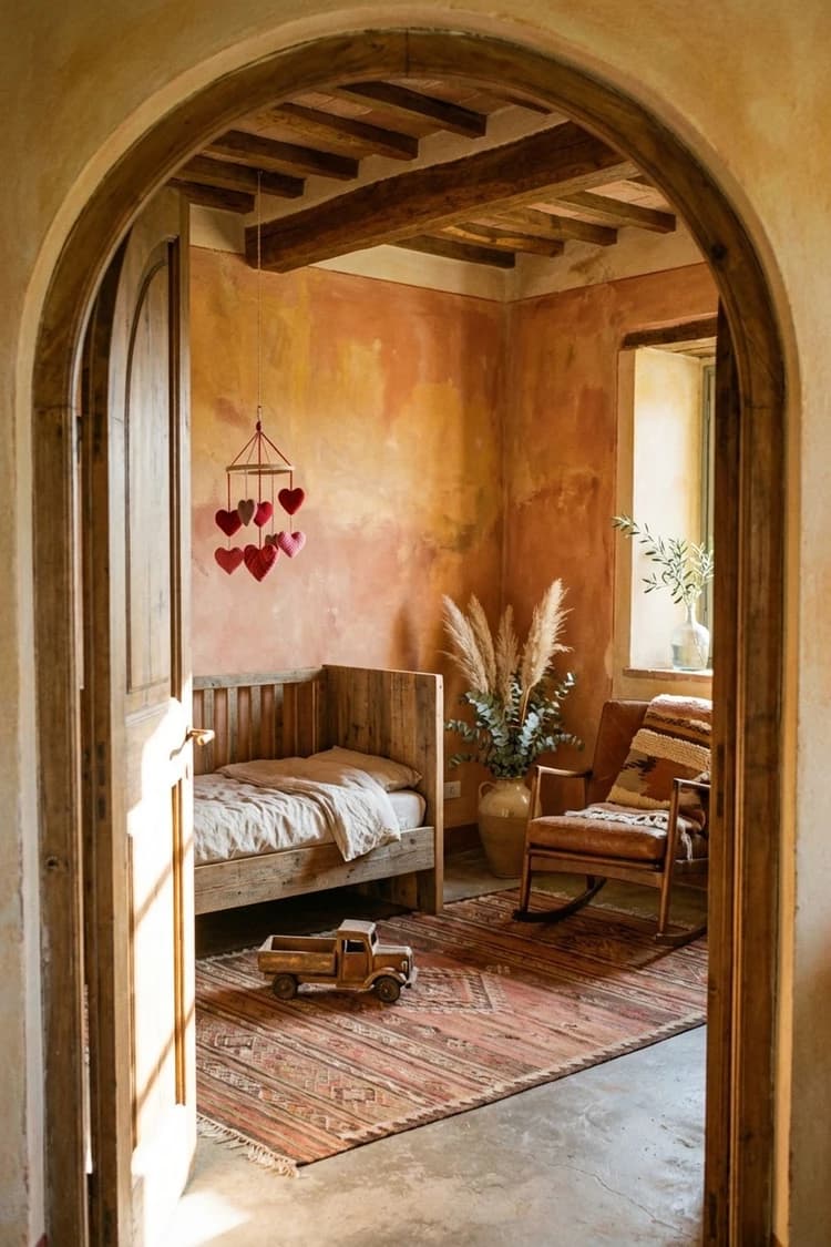 The Little Truck Waits - bedroom, rustic, earth tones, terracotta, wooden bed - Room Inspiration