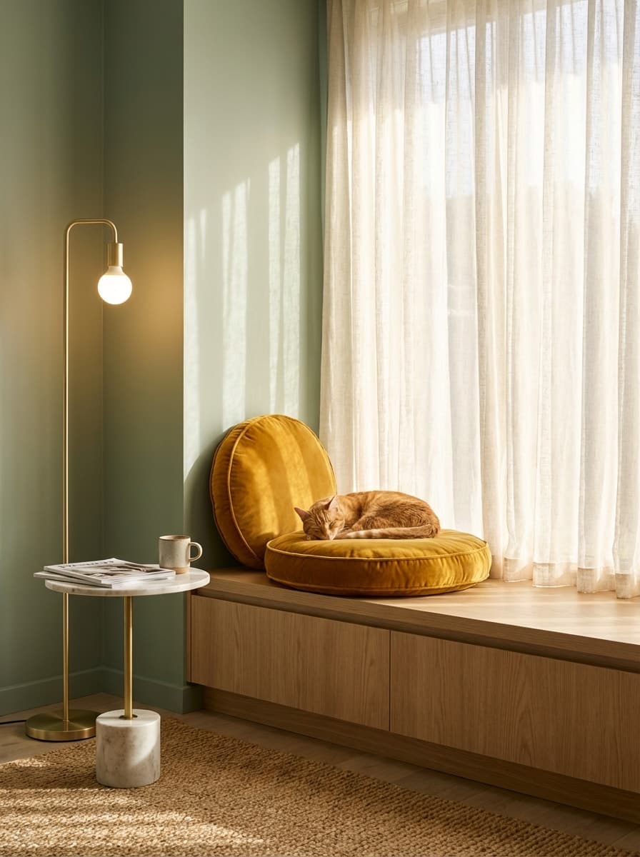Sunbeam Nap in Amber Light - window seat, cat, nap, sage green, amber - Room Inspiration