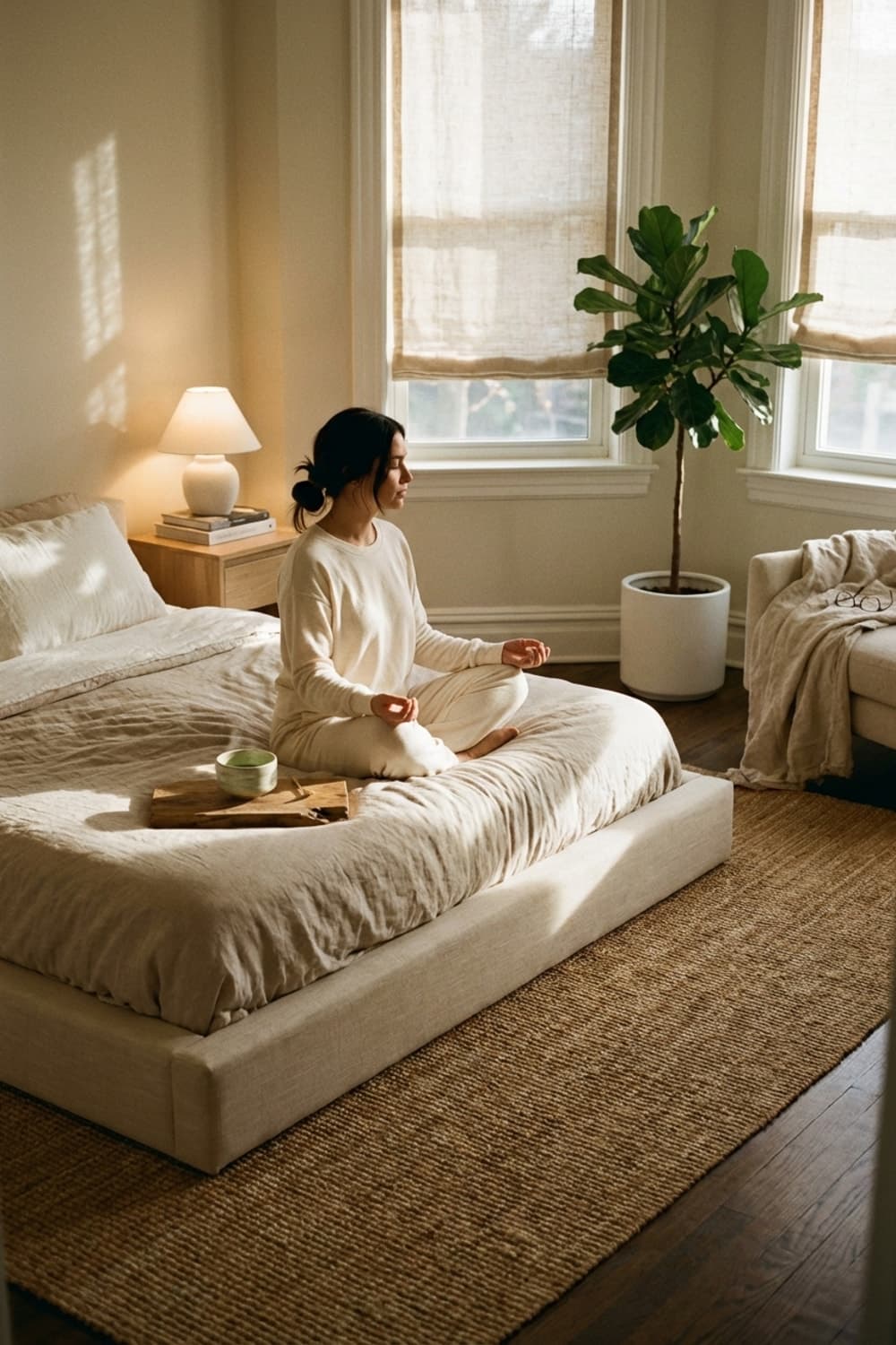 Stillness Between Breaths - bedroom, beige, neutral tones, meditation, linen bedding - Room Inspiration