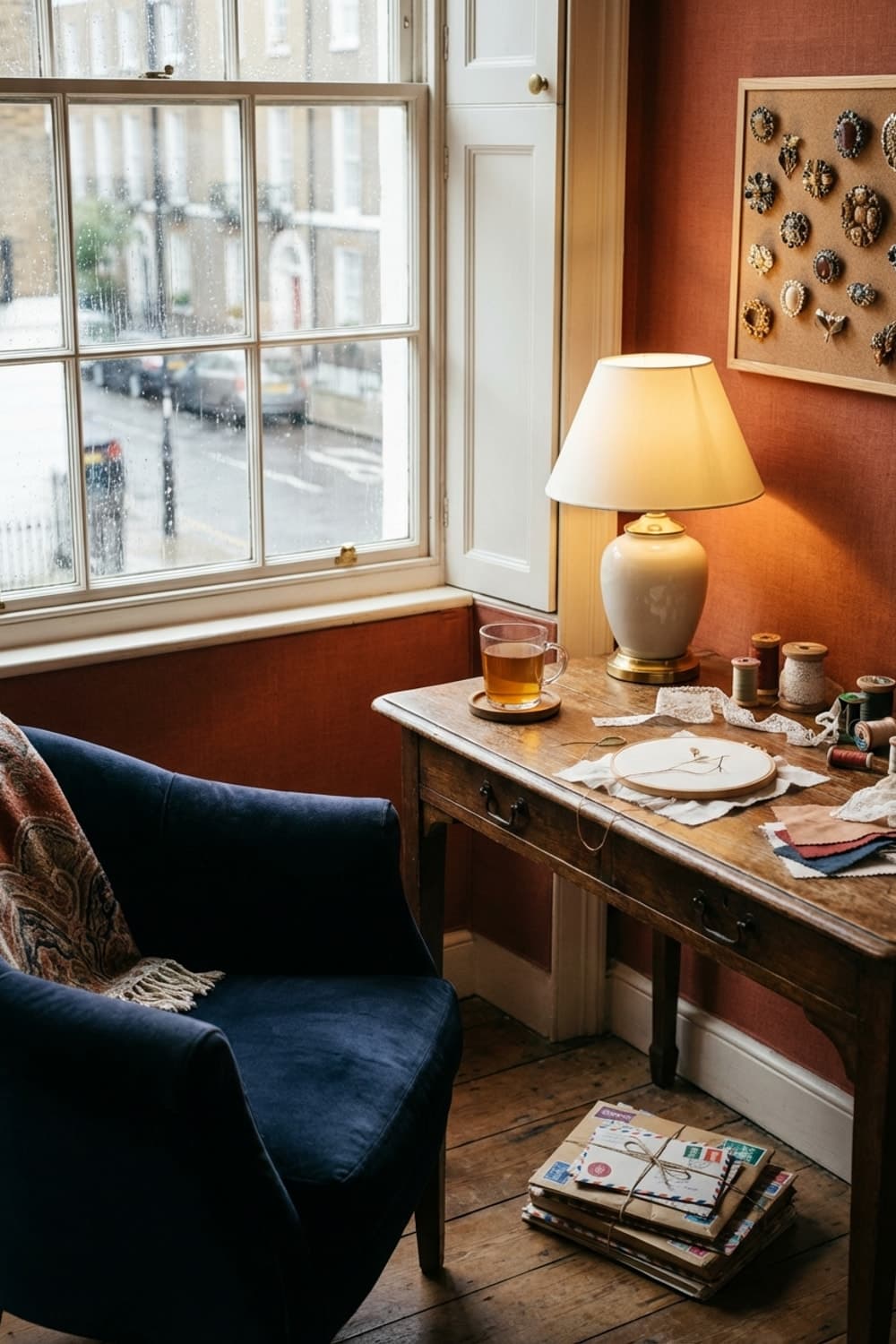 Streetlight Bloom on Linen's Quiet - reading nook, craft room, rust-colored walls, navy blue armchair, vintage desk - Room Inspiration