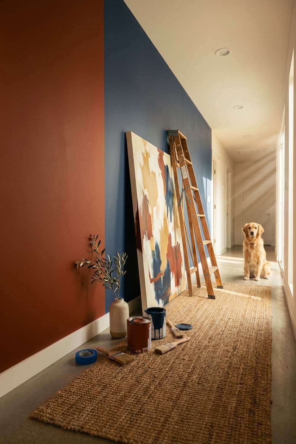 Brushstrokes and Golden Reflections - hallway, abstract art, wooden ladder, jute rug, earth tones - Room Inspiration
