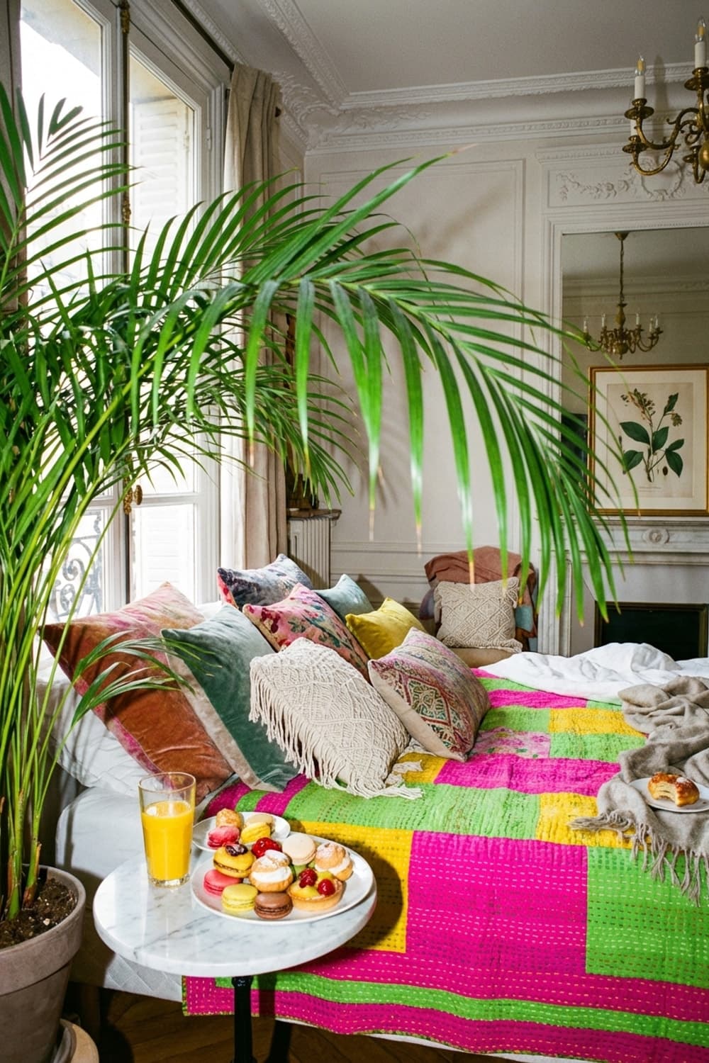 Want to nap here with pastries? - bedroom, bright colors, bohemian, textural, soft lighting - Room Inspiration
