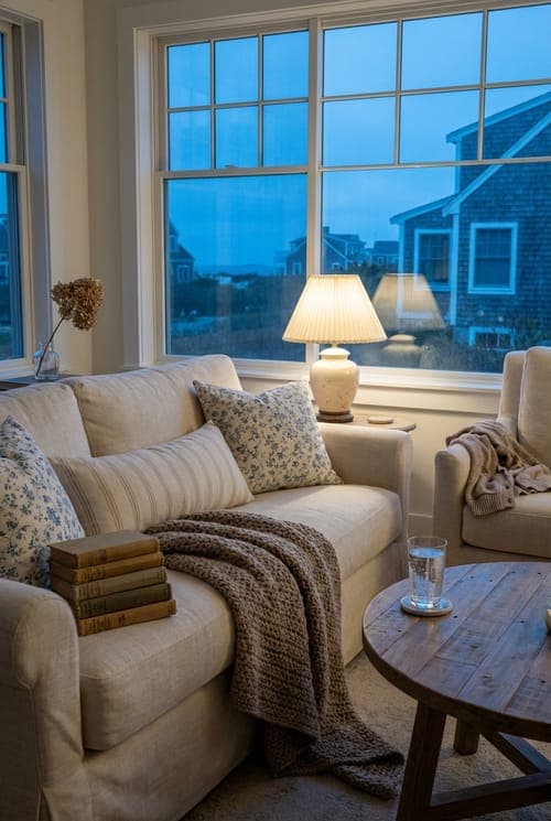 Twilight Settles on Quiet Shores - living room, coastal, beige