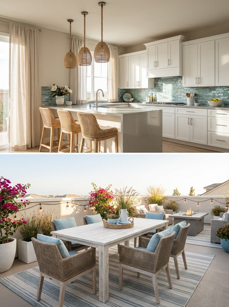 Balmy Breezes, Sunlit Days - Kitchen and rooftop patio, White cabinets, Wicker chairs, Blue cushions, Outdoor dining - Room Inspiration