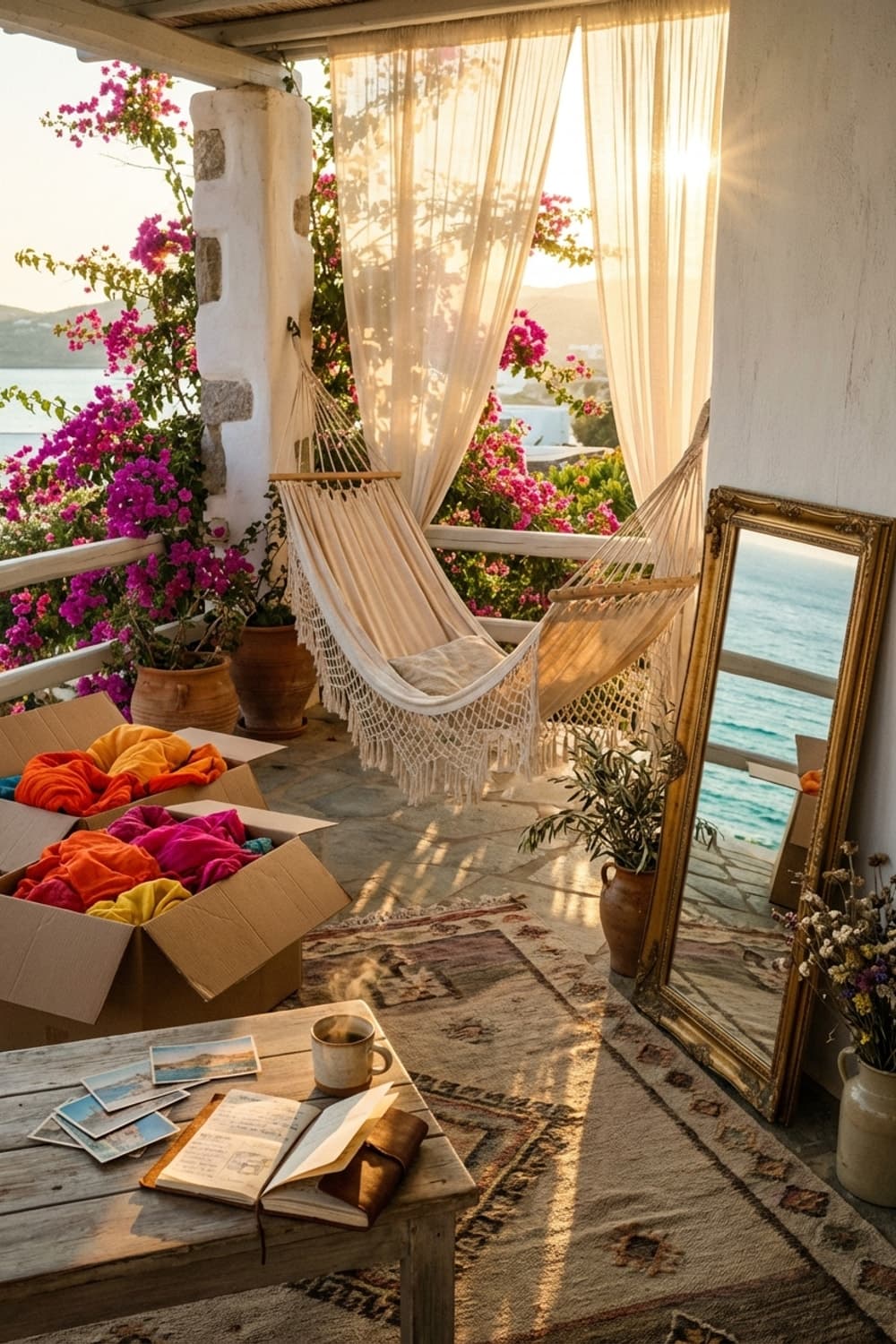 Salt Air, Unpacking Dreams - balcony, hammock, cream, gold mirror, bougainvillea - Room Inspiration