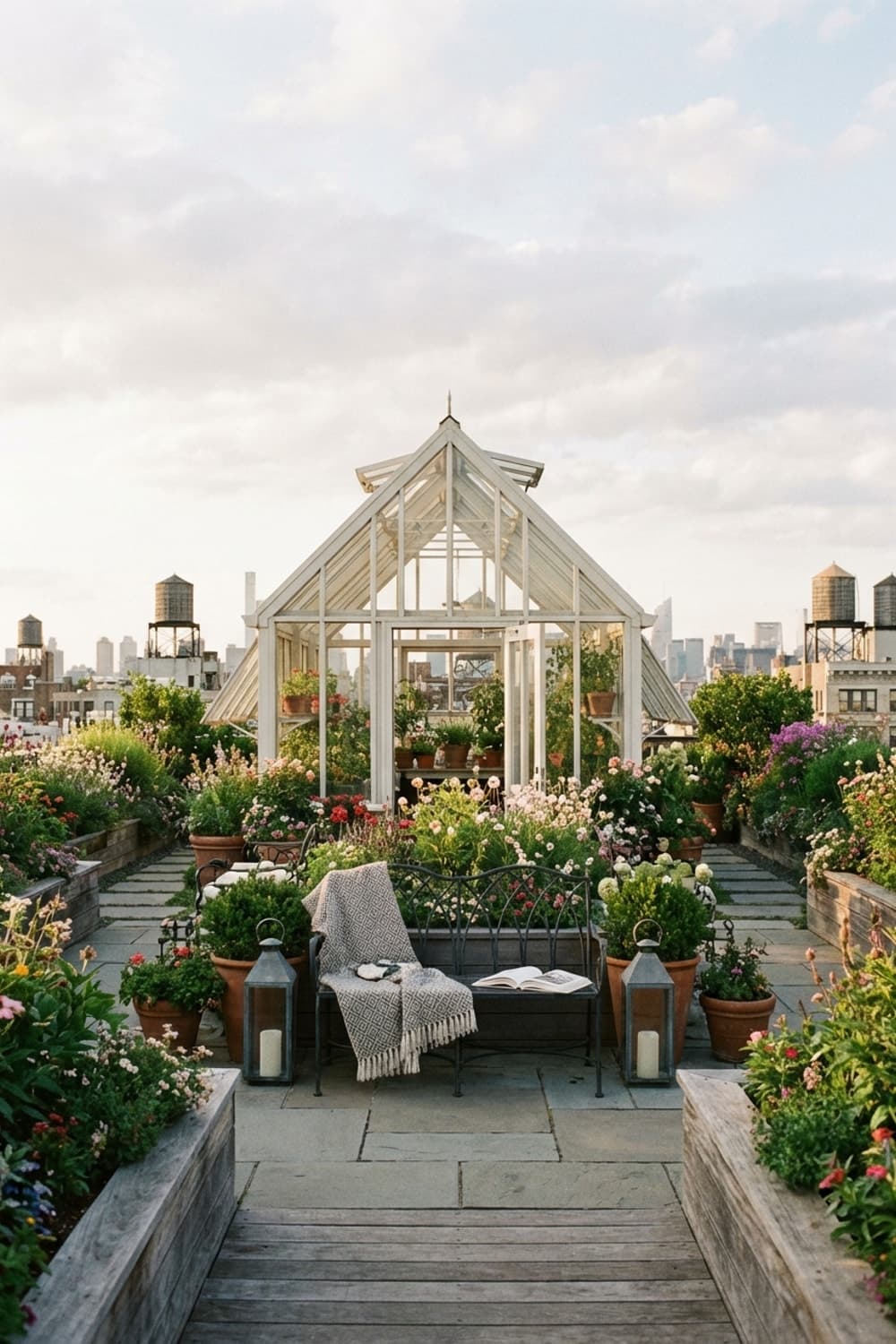 Greenhouse Dreams. Rooftop Bloom. - rooftop garden, greenhouse, urban oasis, bench seating, garden planters - Room Inspiration