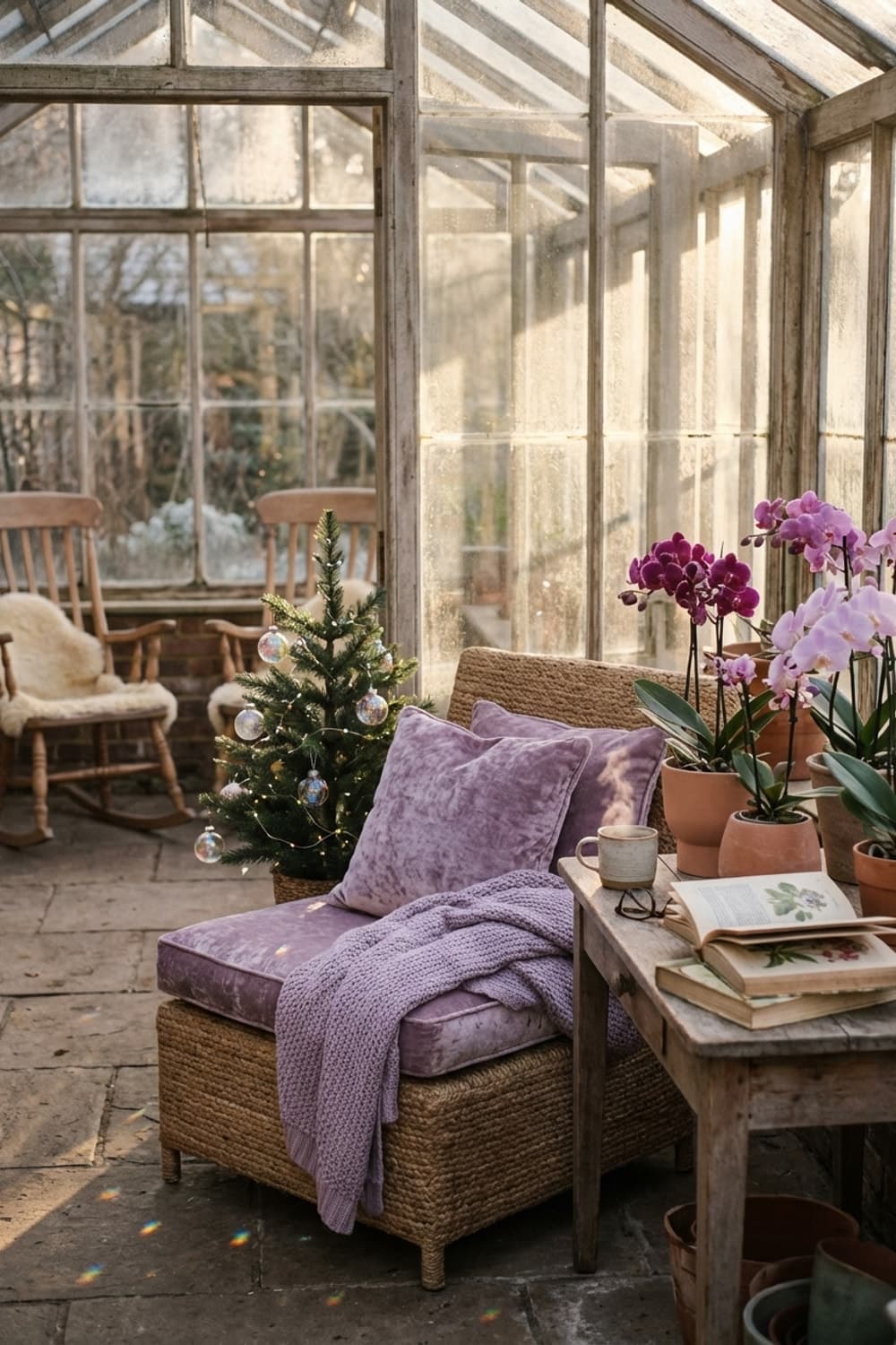 Orchids and Winter Light - greenhouse, sunlight, lilac, lavender, wood - Room Inspiration