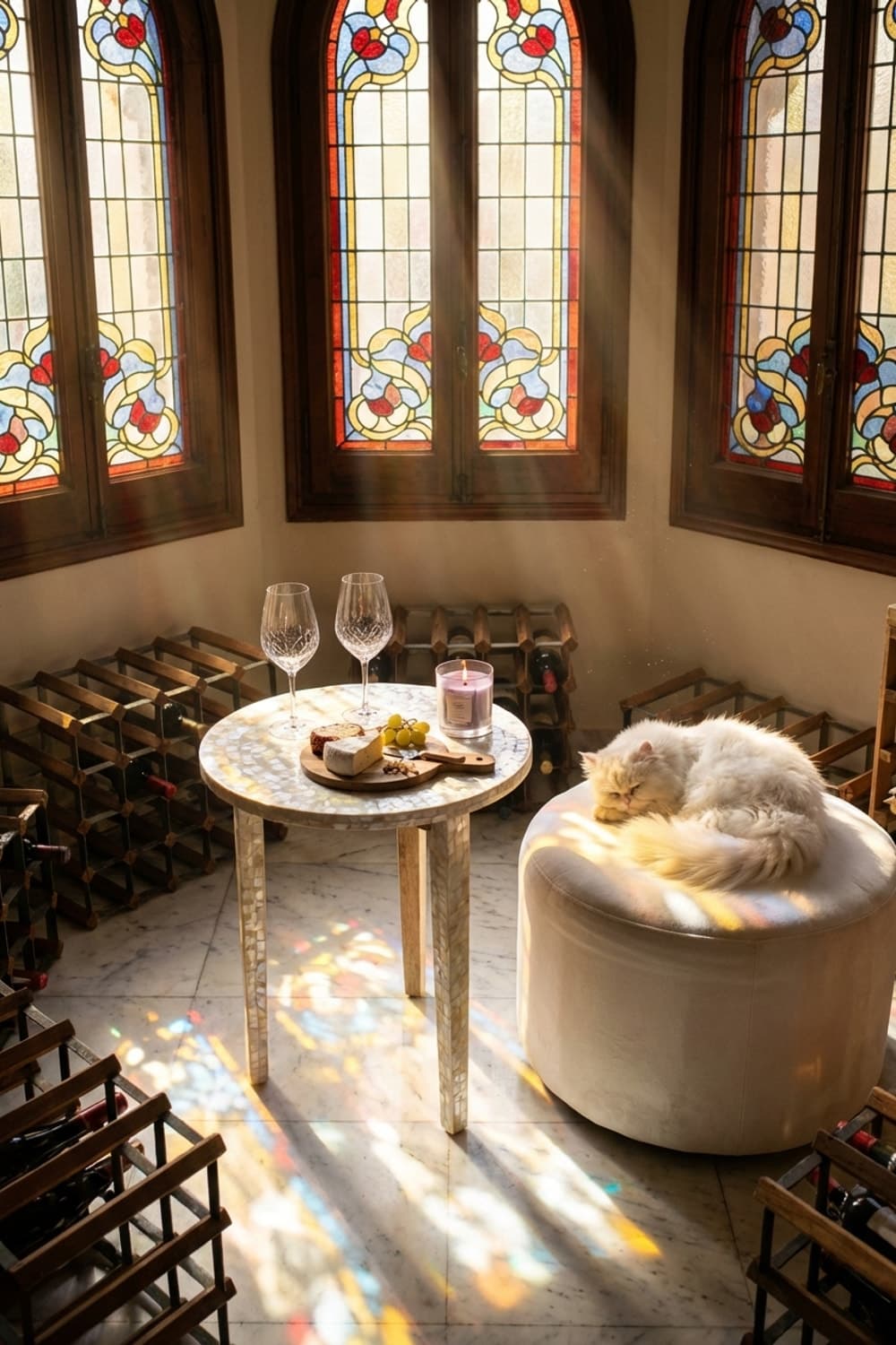 Stained Light, Quiet Naps - wine room, cat nap, stained glass, natural light, cream pouf - Room Inspiration