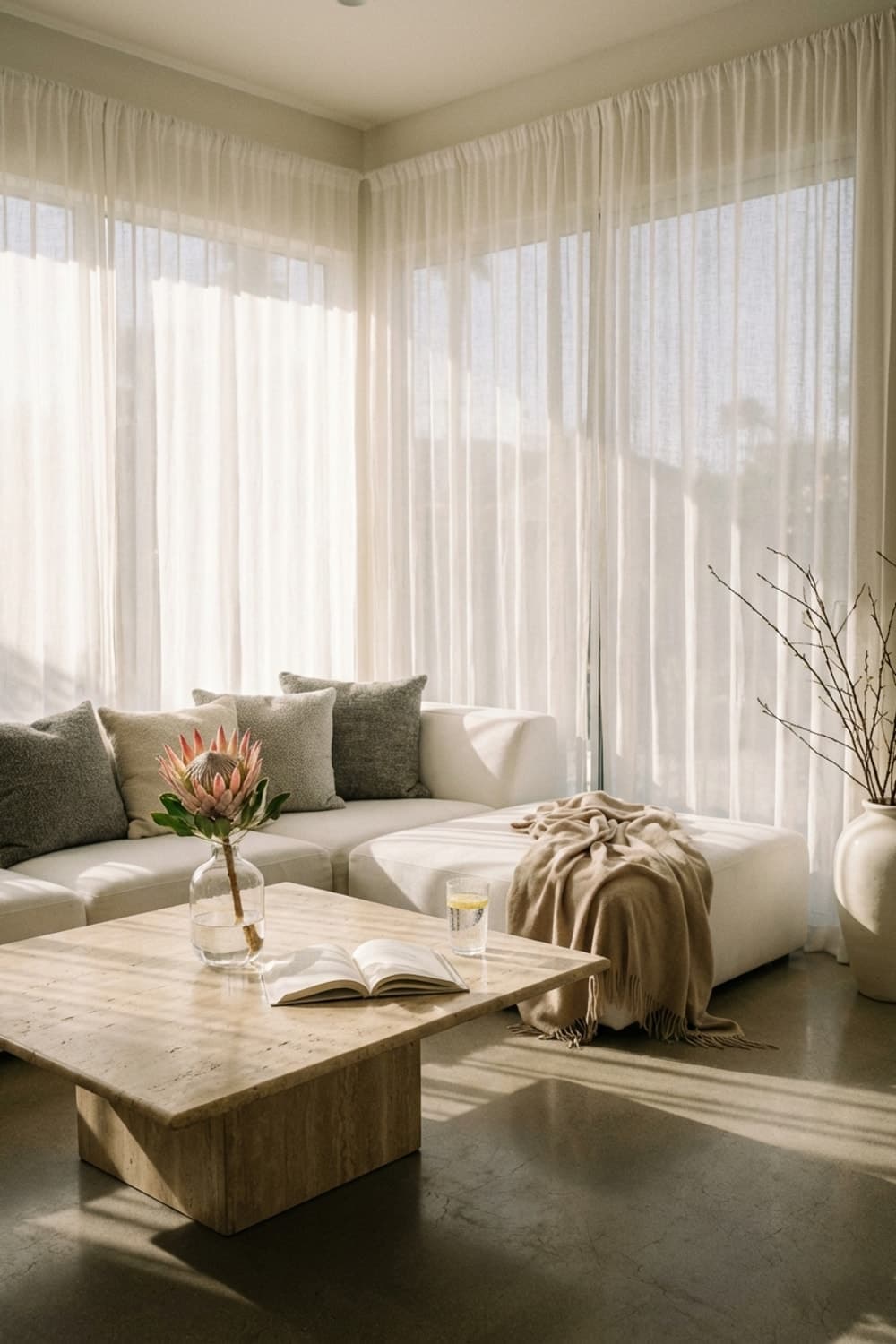 Silence Before the Quiet - living room, neutral palette, white sofa, travertine coffee table, linen curtains - Room Inspiration