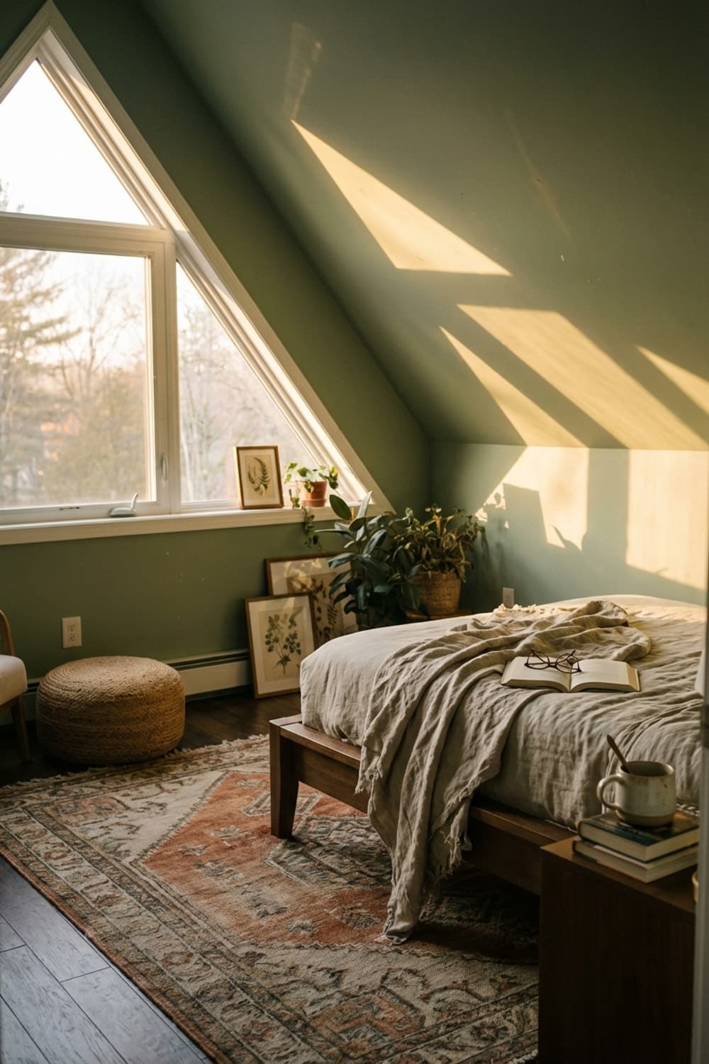 Need to recharge? Here's where. - bedroom, sage green, wooden bed frame, area rug, pouf - Room Inspiration