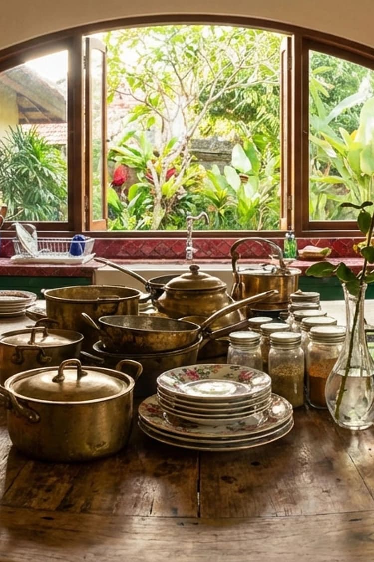 The Gardener's Work is Done - kitchen, earth tones, brass pots, ceramic plates, wooden table - Room Inspiration