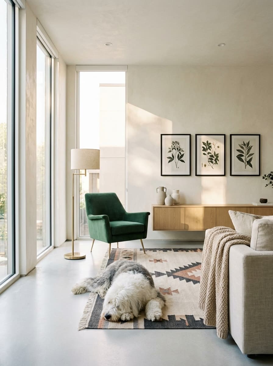 Waiting for Footsteps on the Rug - living room, cream walls, natural light, area rug, green armchair - Room Inspiration