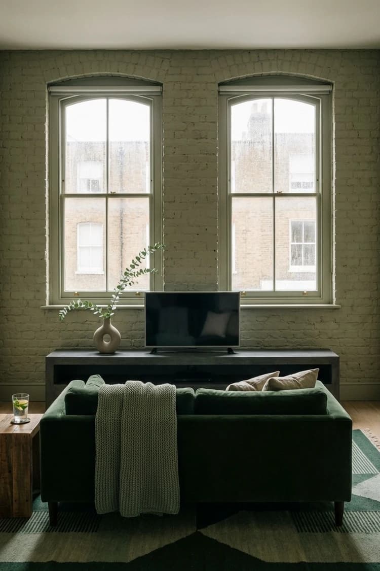Rainy Day Reverie - living room, green sofa, velvet, rainy day, exposed brick - Room Inspiration