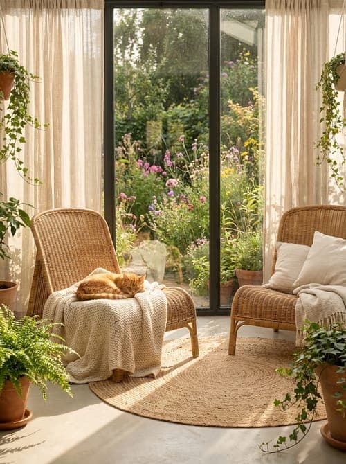 Golden Hour and Gentle Dreams - sunroom, garden view, wicker chairs