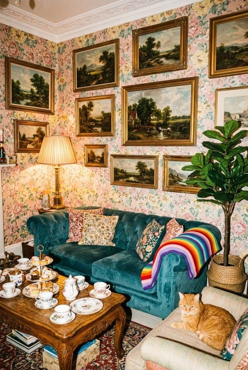 Afternoon Tea with a Ginger Gaze - living room, tea set, floral wallpaper