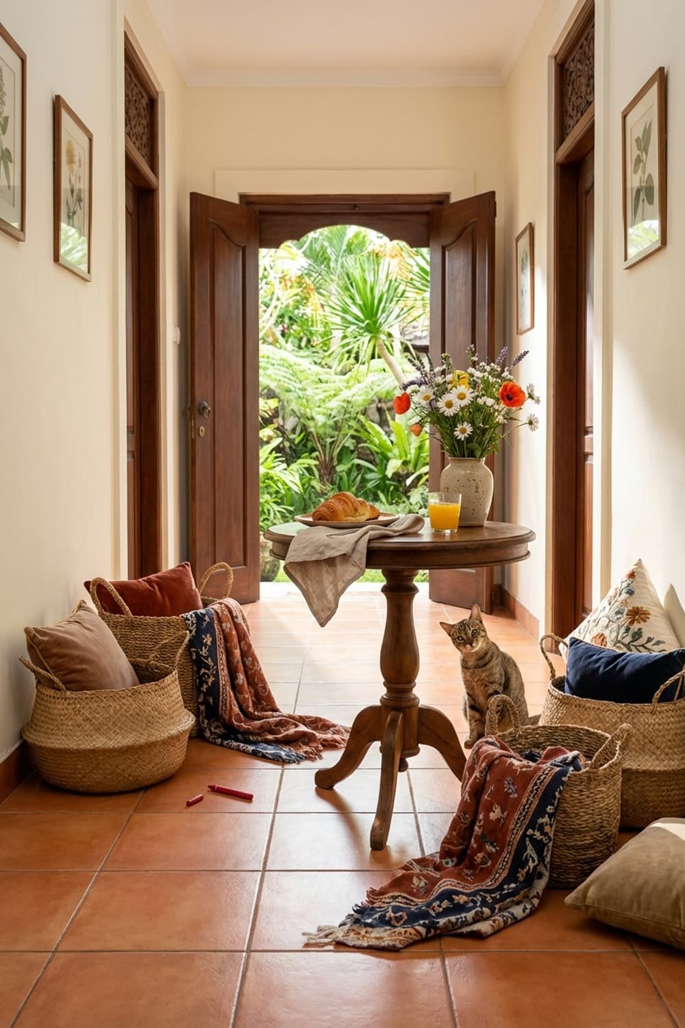 A Verdant Pause in Amber Light - entryway, terracotta, brown, woven baskets, wood - Room Inspiration