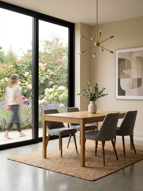 Golden Hour in Bloom - dining room, natural light, wood table